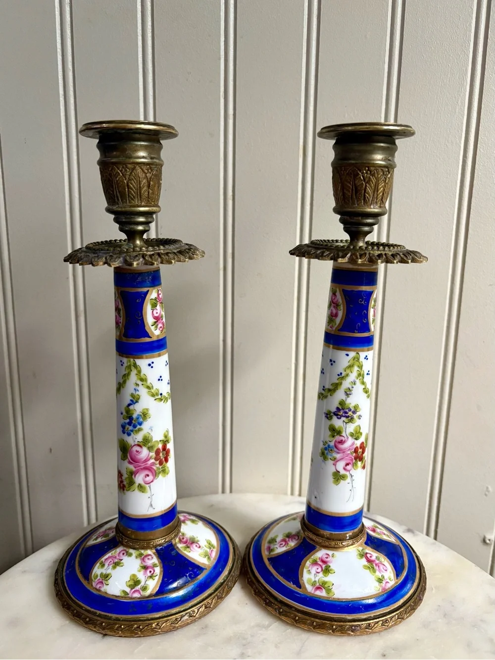 Antique L.P. Paris Sèvres-Style Porcelain & Bronze Hand-Painted Candlesticks VTG